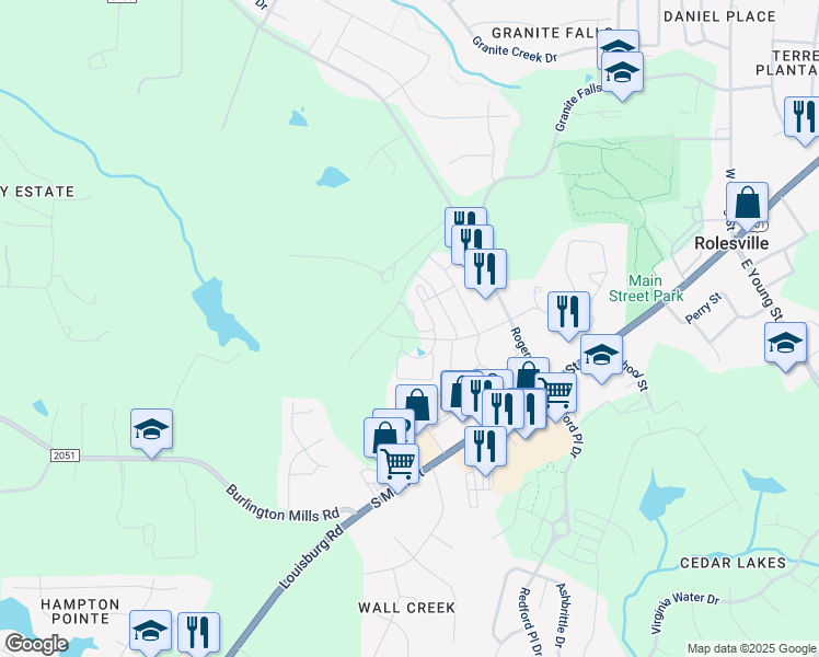 map of restaurants, bars, coffee shops, grocery stores, and more near 400 Grand Rock Way in Rolesville