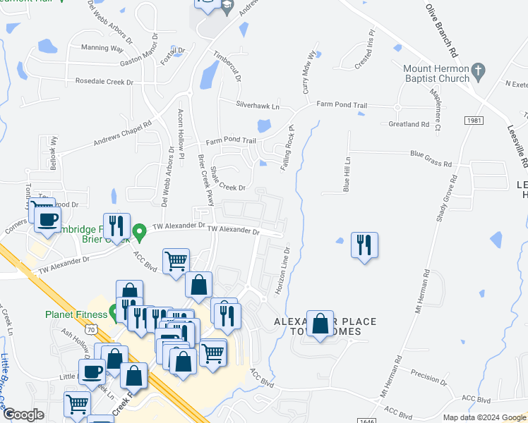 map of restaurants, bars, coffee shops, grocery stores, and more near 7721 Crystal Springs Circle in Raleigh