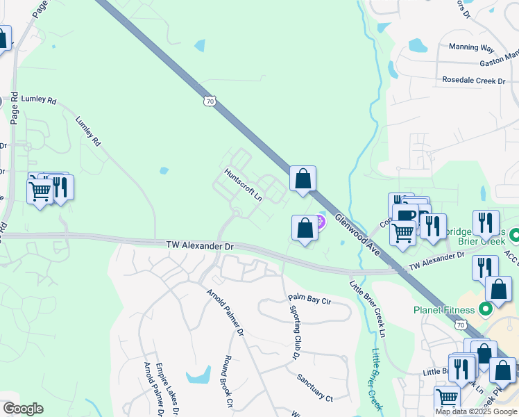 map of restaurants, bars, coffee shops, grocery stores, and more near 2500 Friedland Place in Raleigh