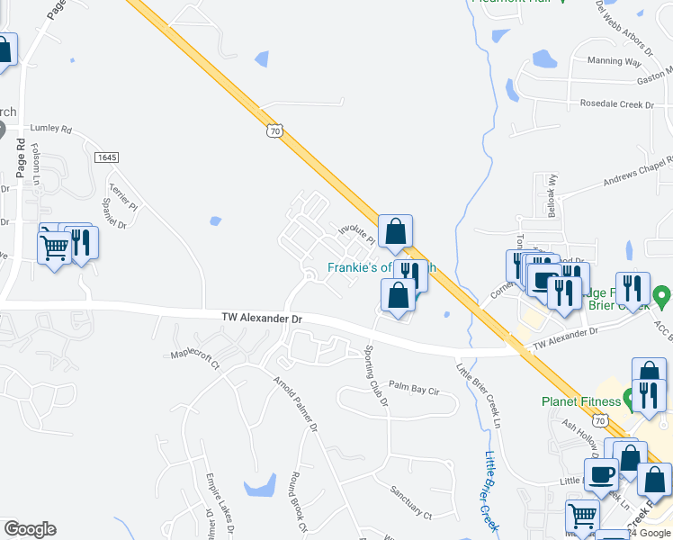 map of restaurants, bars, coffee shops, grocery stores, and more near 2500 Friedland Place in Raleigh