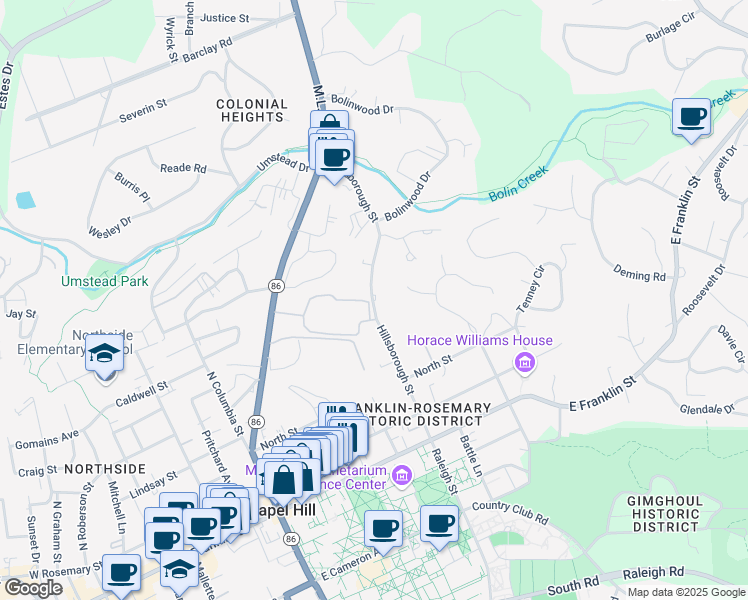 map of restaurants, bars, coffee shops, grocery stores, and more near 430 Hillsborough Street in Chapel Hill