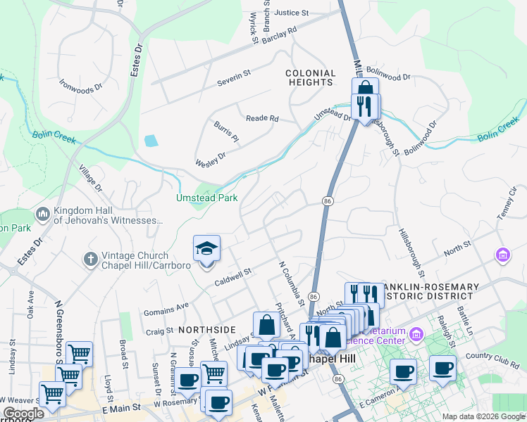 map of restaurants, bars, coffee shops, grocery stores, and more near 800 Pritchard Avenue Extension in Chapel Hill
