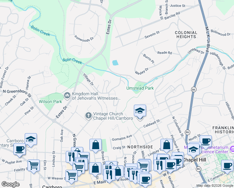 map of restaurants, bars, coffee shops, grocery stores, and more near 21 Bluff Trail in Chapel Hill