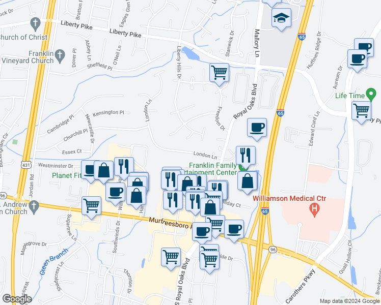 map of restaurants, bars, coffee shops, grocery stores, and more near 220 London Lane in Franklin