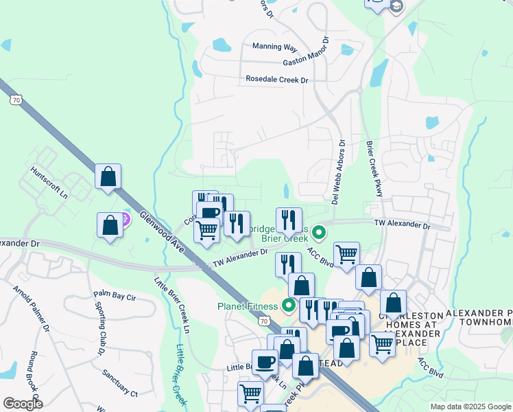map of restaurants, bars, coffee shops, grocery stores, and more near 8040 TW Alexander Drive in Raleigh
