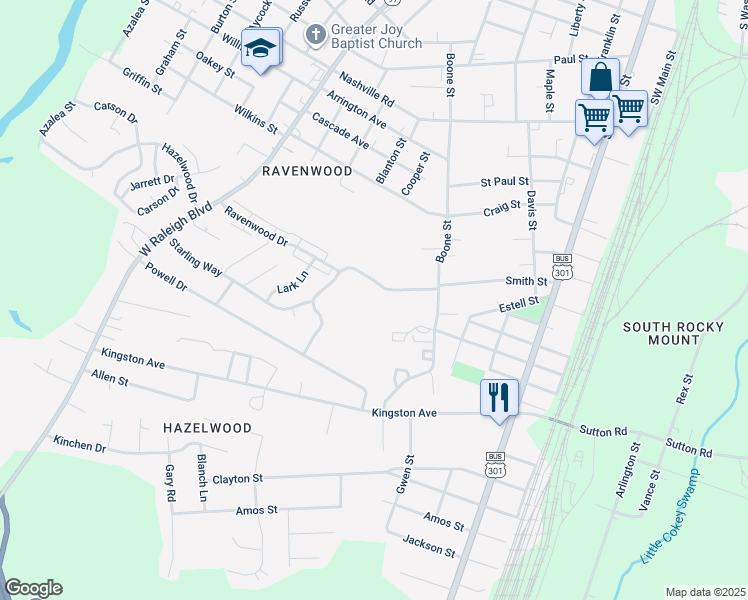 map of restaurants, bars, coffee shops, grocery stores, and more near 719 Recreation Drive in Rocky Mount