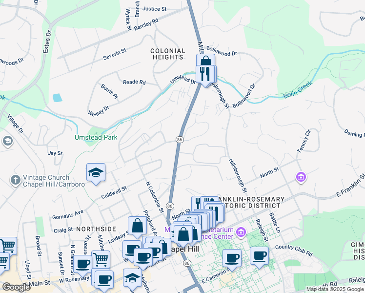 map of restaurants, bars, coffee shops, grocery stores, and more near 696 Martin Luther King Junior Boulevard in Chapel Hill