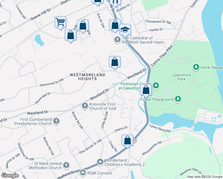 map of restaurants, bars, coffee shops, grocery stores, and more near 6504 Westland Drive in Knoxville