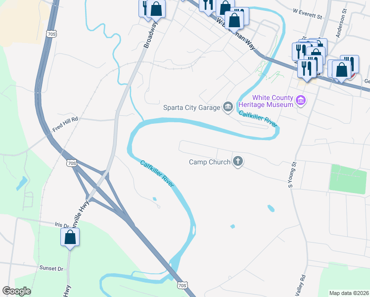 map of restaurants, bars, coffee shops, grocery stores, and more near 228 South Camp Heights Drive in Sparta