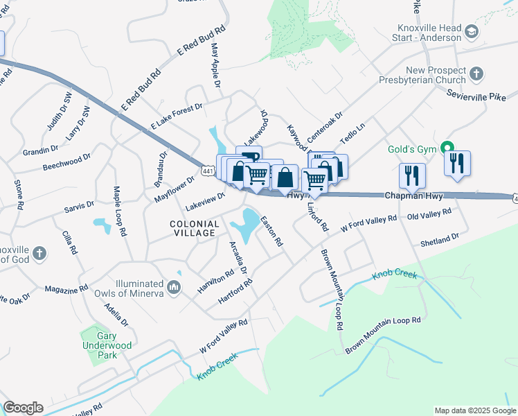 map of restaurants, bars, coffee shops, grocery stores, and more near 6004 Easton Road in Knoxville