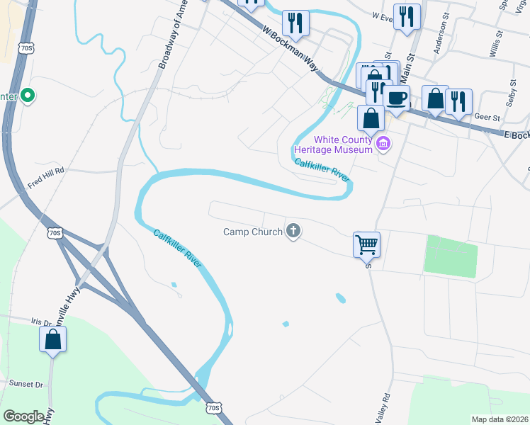 map of restaurants, bars, coffee shops, grocery stores, and more near 145 North Camp Heights Drive in Sparta