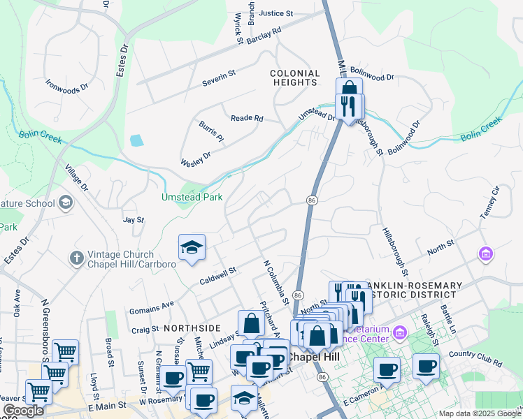 map of restaurants, bars, coffee shops, grocery stores, and more near 718 North Columbia Street in Chapel Hill