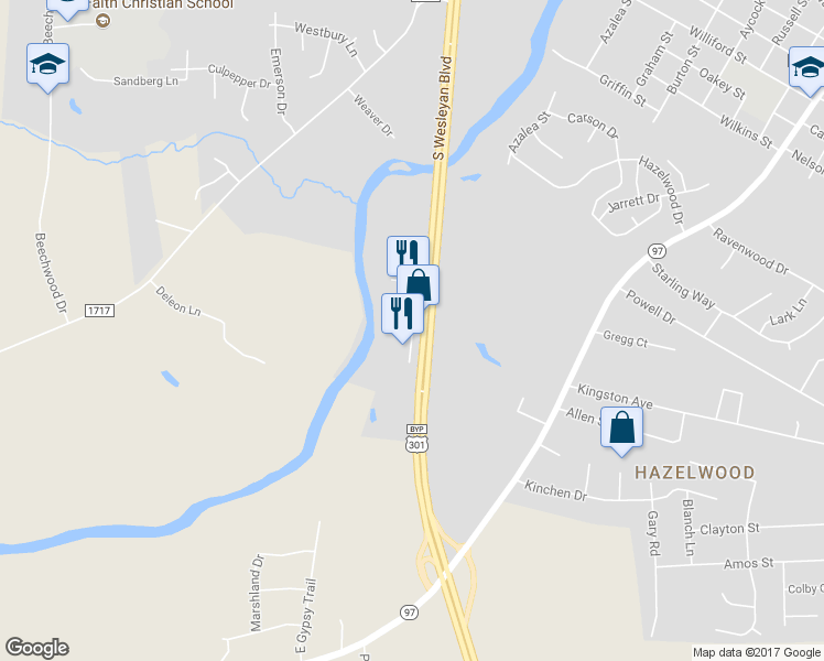 map of restaurants, bars, coffee shops, grocery stores, and more near Overlook Drive in Rocky Mount