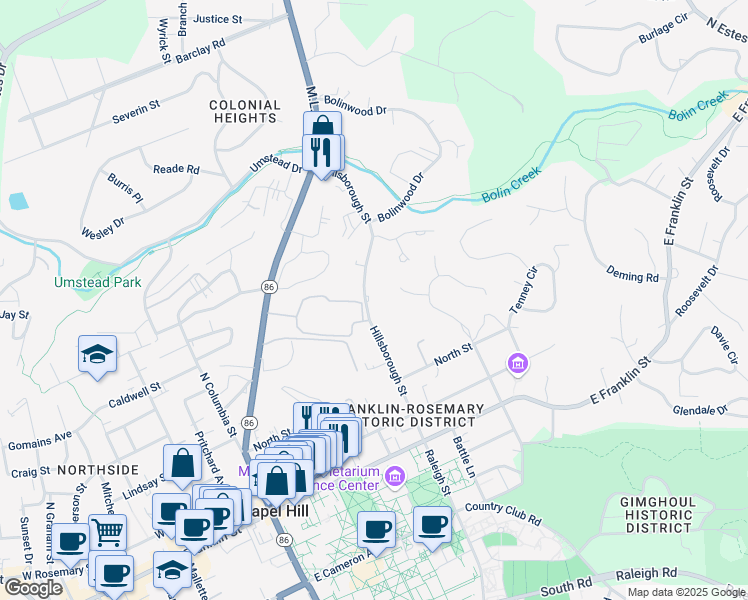 map of restaurants, bars, coffee shops, grocery stores, and more near 430 Hillsborough Street in Chapel Hill