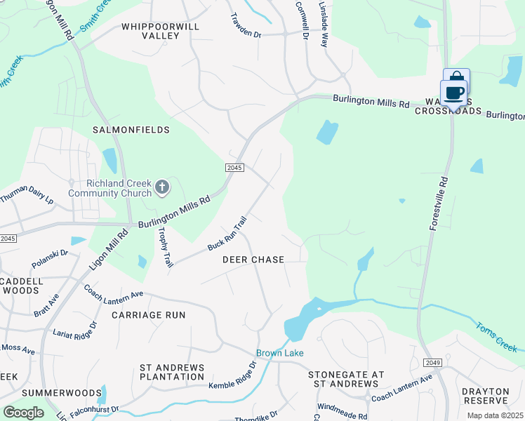 map of restaurants, bars, coffee shops, grocery stores, and more near 5108 Bambi Court in Wake Forest