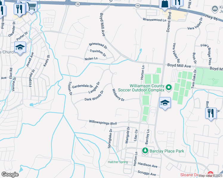 map of restaurants, bars, coffee shops, grocery stores, and more near 3121 Winberry Drive in Franklin