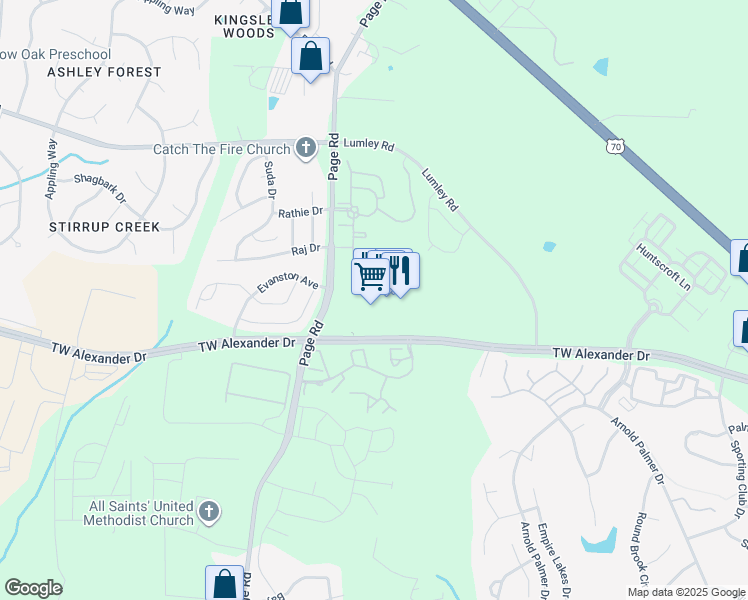 map of restaurants, bars, coffee shops, grocery stores, and more near 2121 TW Alexander Drive in Morrisville