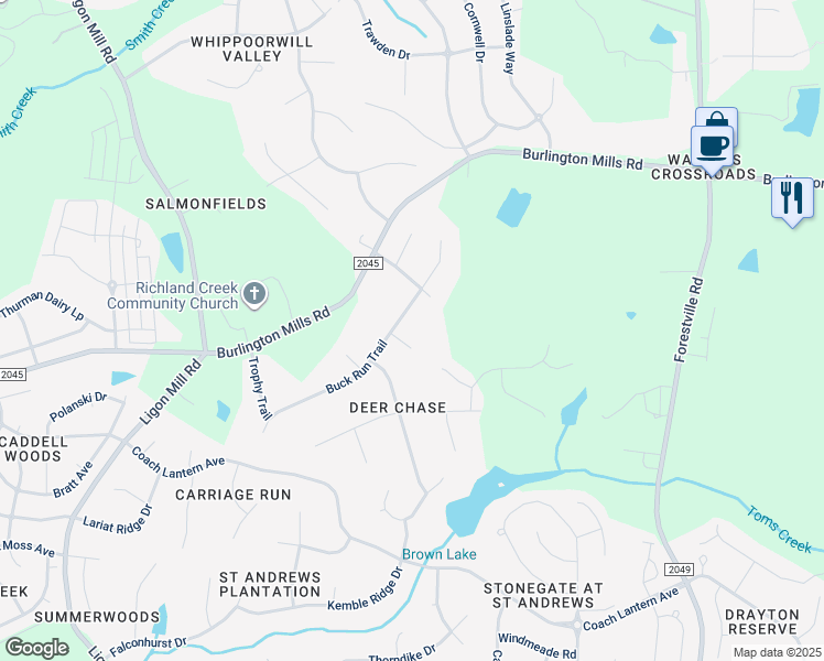 map of restaurants, bars, coffee shops, grocery stores, and more near 5108 Bambi Court in Wake Forest