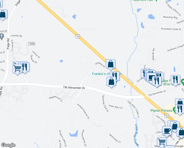 map of restaurants, bars, coffee shops, grocery stores, and more near 2500 Friedland Place in Raleigh