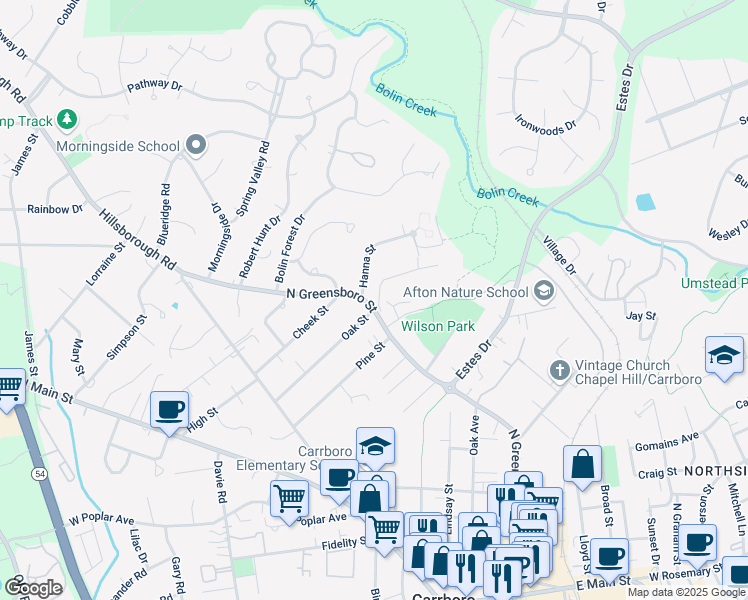 map of restaurants, bars, coffee shops, grocery stores, and more near 1300 North Greensboro Street in Carrboro