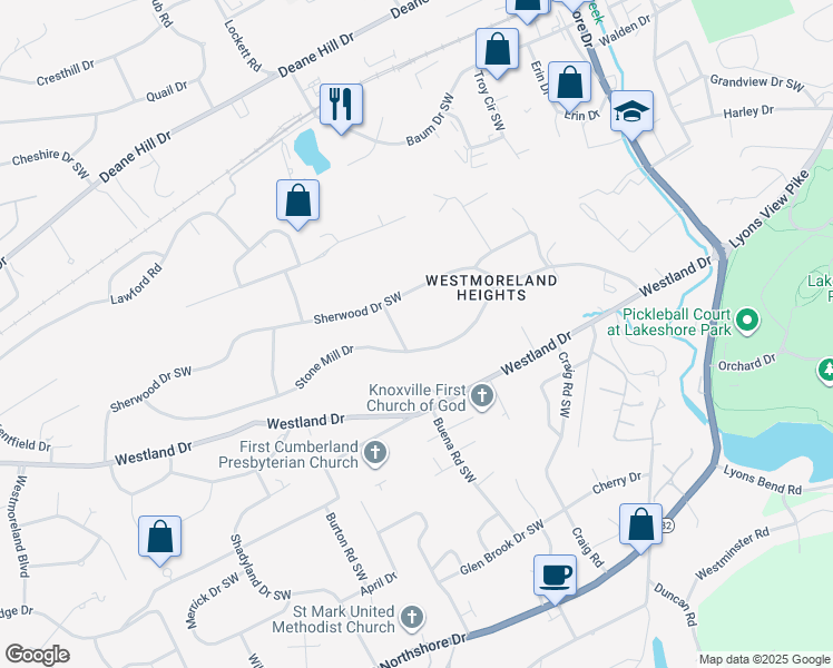 map of restaurants, bars, coffee shops, grocery stores, and more near 6717 Stone Mill Drive in Knoxville