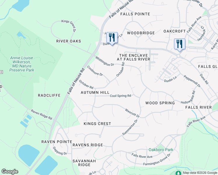 map of restaurants, bars, coffee shops, grocery stores, and more near 1416 October Road in Raleigh