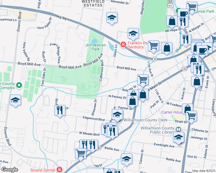 map of restaurants, bars, coffee shops, grocery stores, and more near 601 Boyd Mill Avenue in Franklin