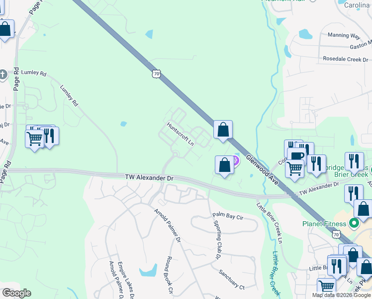 map of restaurants, bars, coffee shops, grocery stores, and more near 2500 Friedland Place in Raleigh
