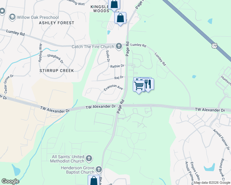 map of restaurants, bars, coffee shops, grocery stores, and more near 213 Westgrove Court in Durham