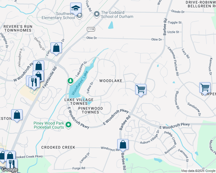 map of restaurants, bars, coffee shops, grocery stores, and more near 5916 Tahoe Drive in Durham