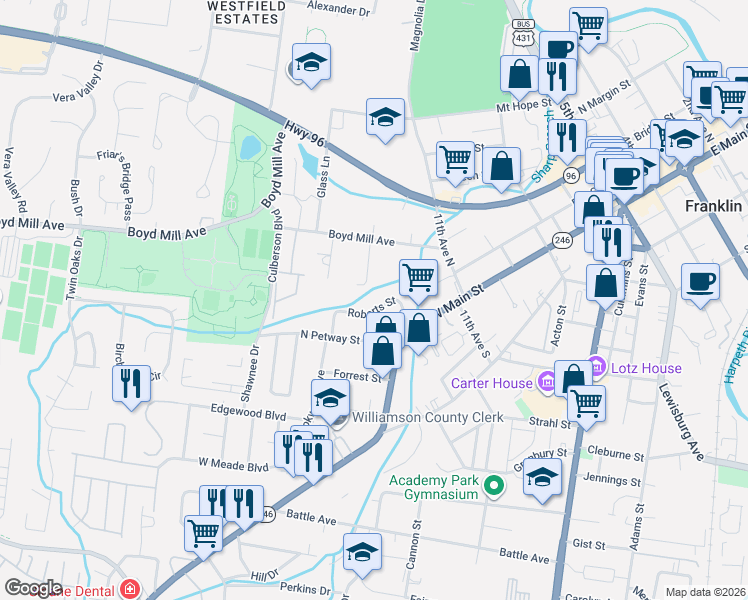 map of restaurants, bars, coffee shops, grocery stores, and more near 420 Roberts Street in Franklin