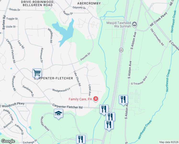 map of restaurants, bars, coffee shops, grocery stores, and more near 2 Drakesway Ct in Durham
