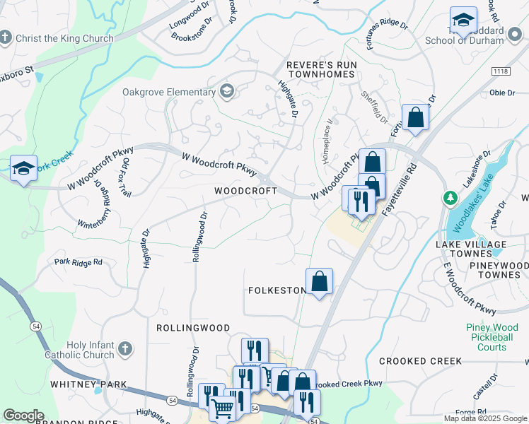 map of restaurants, bars, coffee shops, grocery stores, and more near 7 Mine Bluff Court in Durham