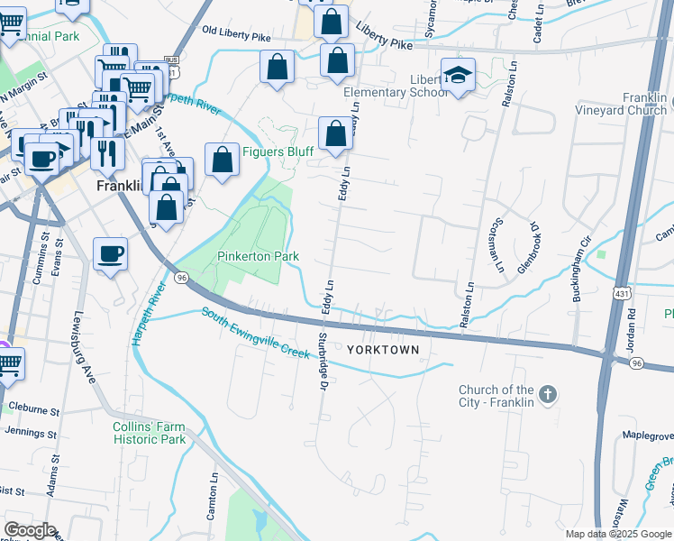 map of restaurants, bars, coffee shops, grocery stores, and more near 429 Eddy Lane in Franklin