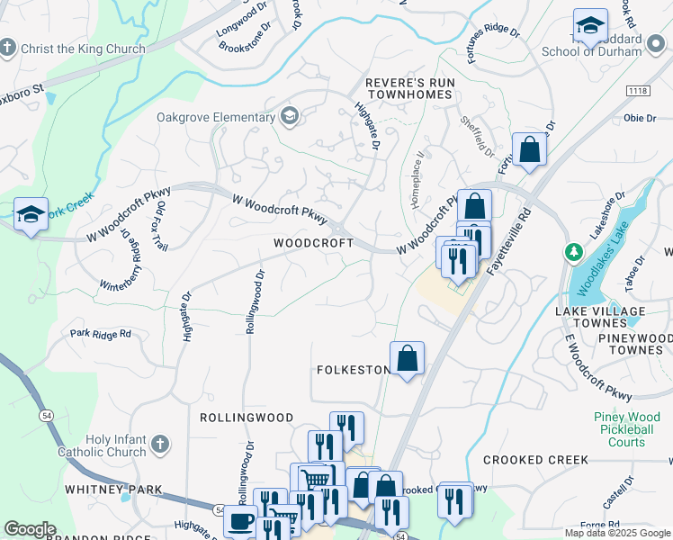map of restaurants, bars, coffee shops, grocery stores, and more near 7 Mine Bluff Court in Durham