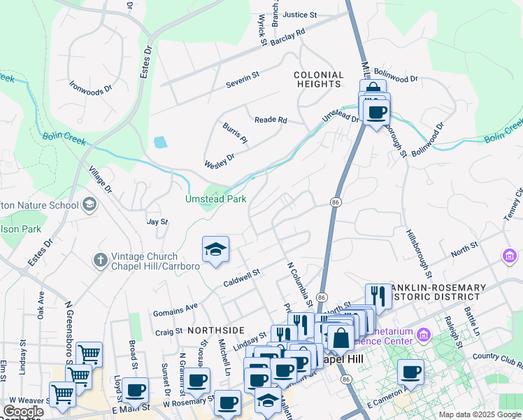 map of restaurants, bars, coffee shops, grocery stores, and more near 800 Pritchard Avenue Extension in Chapel Hill
