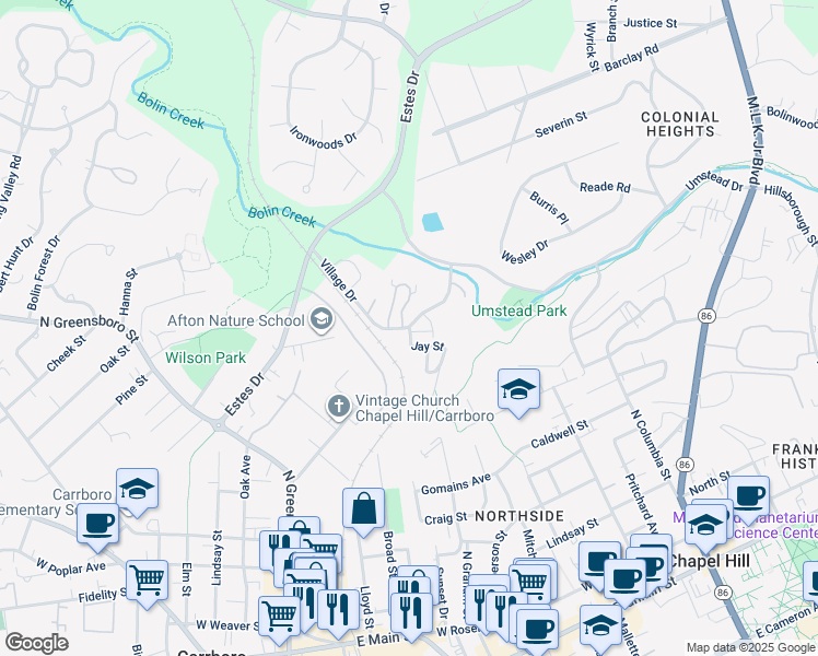 map of restaurants, bars, coffee shops, grocery stores, and more near 110 Jay Street in Chapel Hill