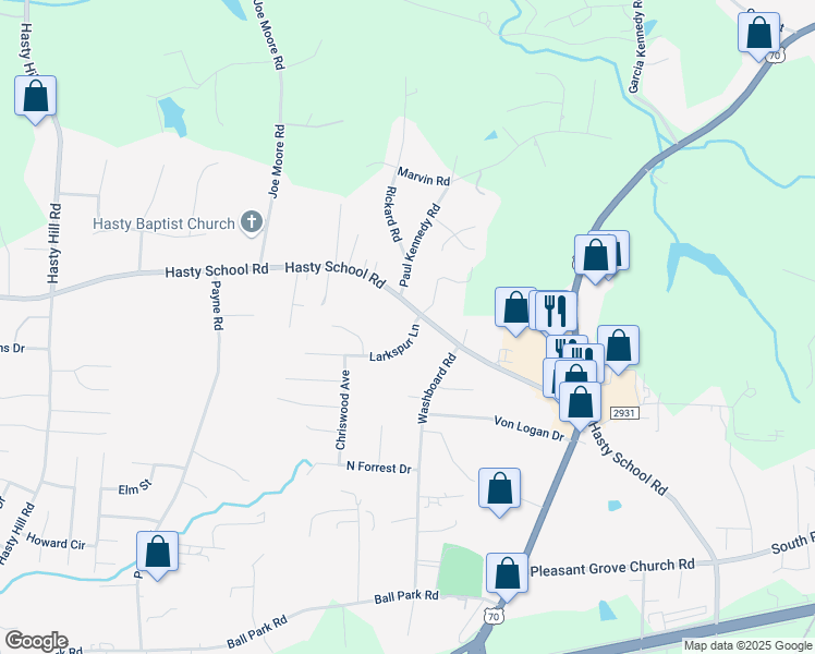 map of restaurants, bars, coffee shops, grocery stores, and more near 102 Larkspur Lane in Thomasville