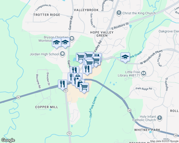 map of restaurants, bars, coffee shops, grocery stores, and more near 4711 Hope Valley Road in Durham