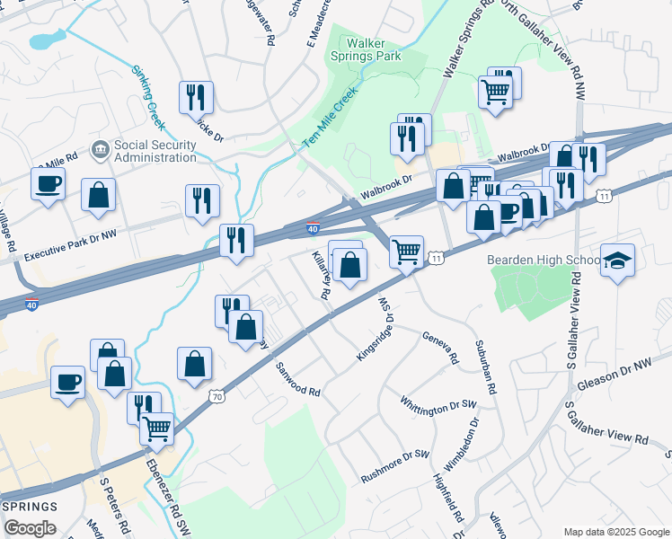 map of restaurants, bars, coffee shops, grocery stores, and more near 120 Killarney Road in Knoxville