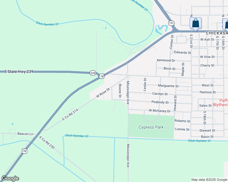 map of restaurants, bars, coffee shops, grocery stores, and more near 614 Beale Street in Blytheville