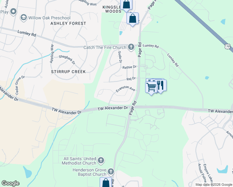 map of restaurants, bars, coffee shops, grocery stores, and more near 2729 Evanston Avenue in Durham