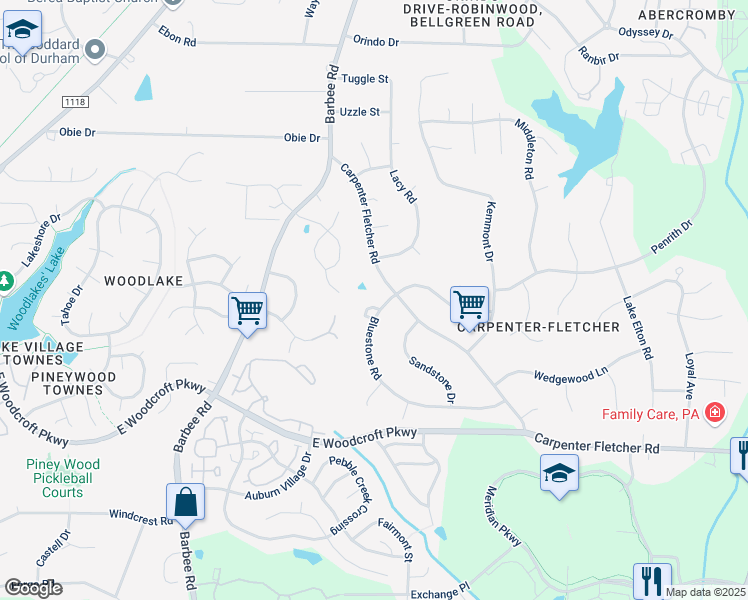 map of restaurants, bars, coffee shops, grocery stores, and more near 735 Bluestone Road in Durham