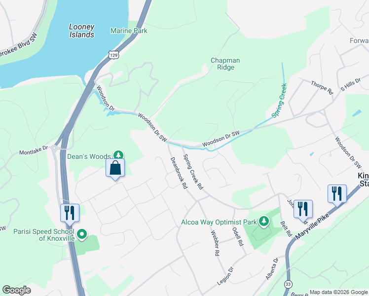 map of restaurants, bars, coffee shops, grocery stores, and more near 2416 Spring Creek Road in Knoxville
