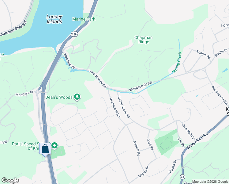 map of restaurants, bars, coffee shops, grocery stores, and more near 2416 Spring Creek Road in Knoxville