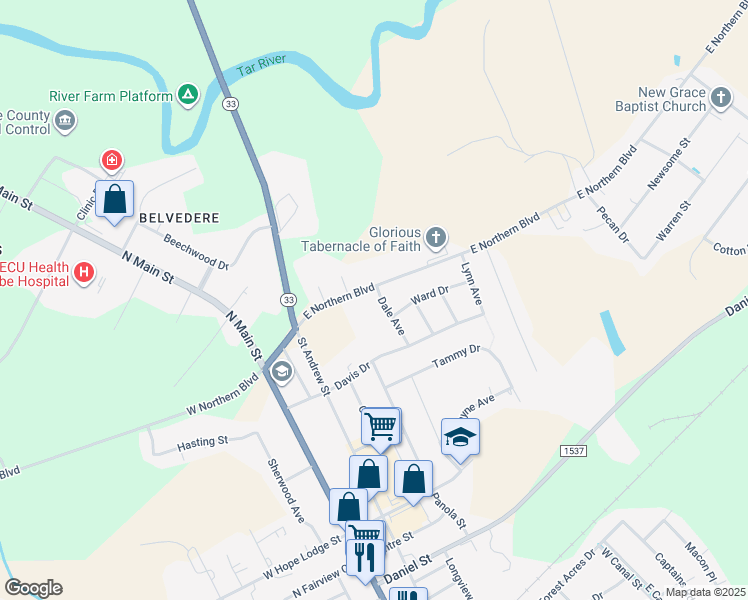 map of restaurants, bars, coffee shops, grocery stores, and more near 2506 Dale Avenue in Tarboro