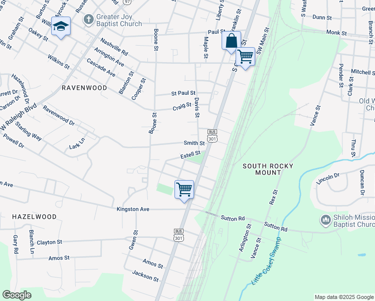map of restaurants, bars, coffee shops, grocery stores, and more near 320 Estell Street in Rocky Mount