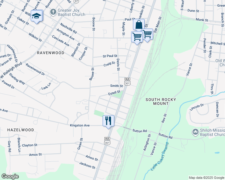 map of restaurants, bars, coffee shops, grocery stores, and more near 320 Estell Street in Rocky Mount