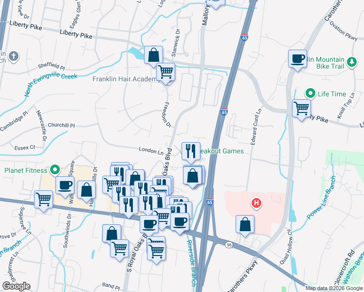 map of restaurants, bars, coffee shops, grocery stores, and more near 200 North Royal Oaks Boulevard in Franklin