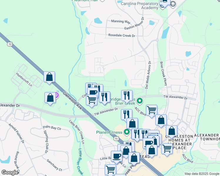 map of restaurants, bars, coffee shops, grocery stores, and more near 8040 TW Alexander Drive in Raleigh